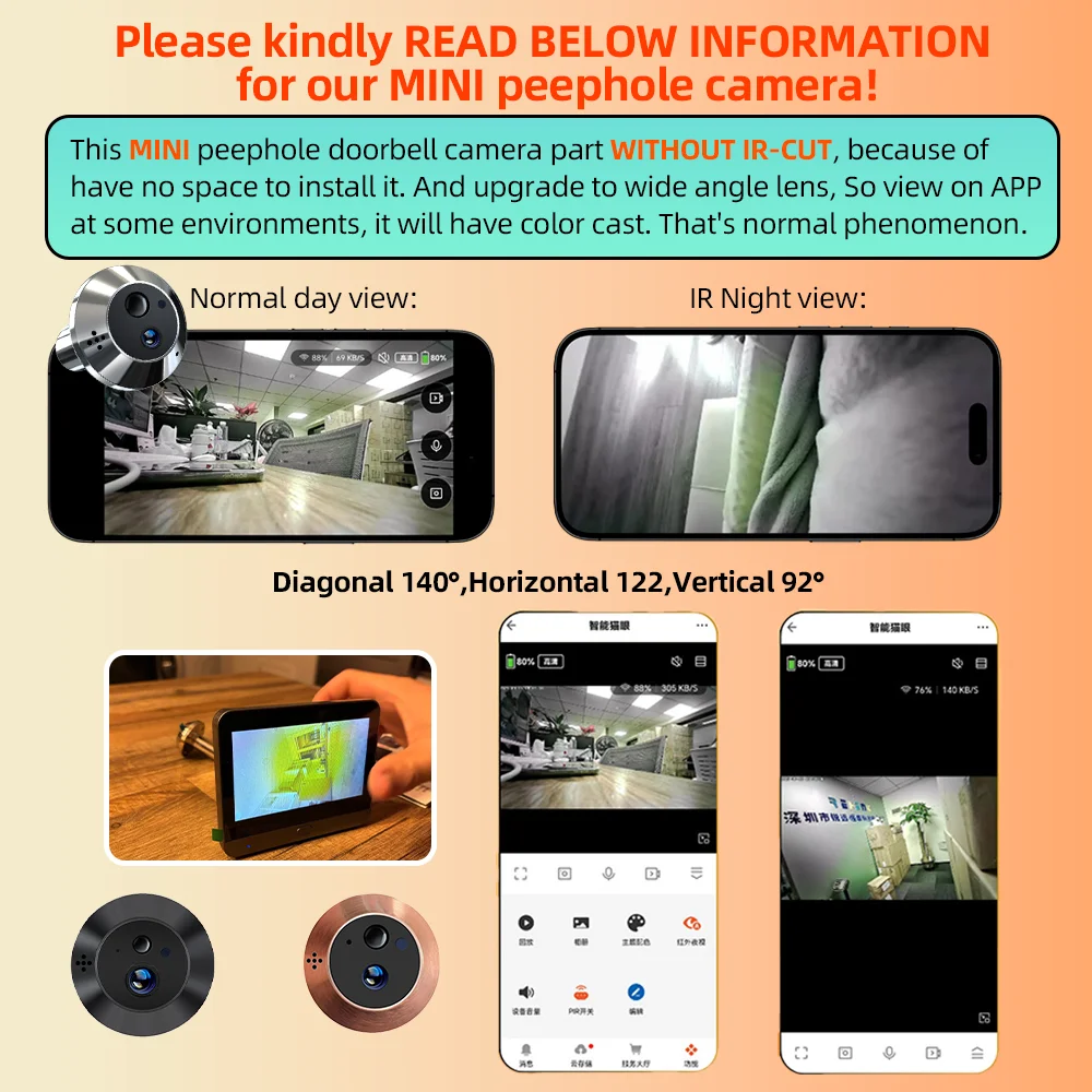 Battery Powered MINI Two Way Talk Tuya SmartLife APP 3MP Wide View 2.4G WiFi 940NM Infrared Digital Door Peephole Eye PIR Camera