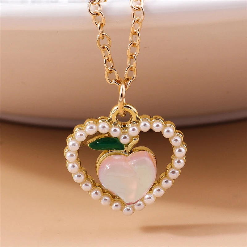 Aihua Exquisite Korean Pearl Crystal Love Peach Heart Necklace for Women Girls Clavicle Chain Valentine's Day Jewelry Gifts