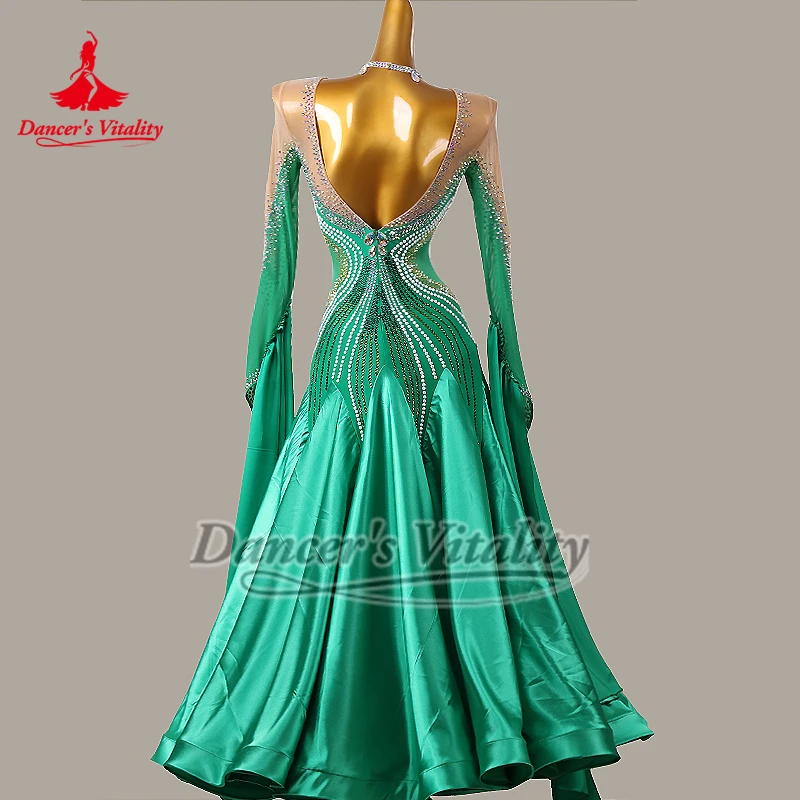 V 자형 백 그린 볼룸 AB 스톤 긴 소매 넥리스가있는 빅 스윙 드레스 성인 왈츠 퀵 스텝 옷 맞춤 크기