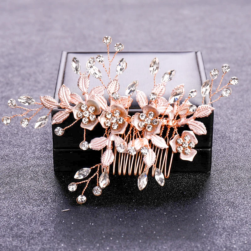 Rose Gold Color Crystal Pearl Flower Hair Comb Hairpin Headband For Women Bride Wedding Bridal Hair Accessories Jewelry Comb