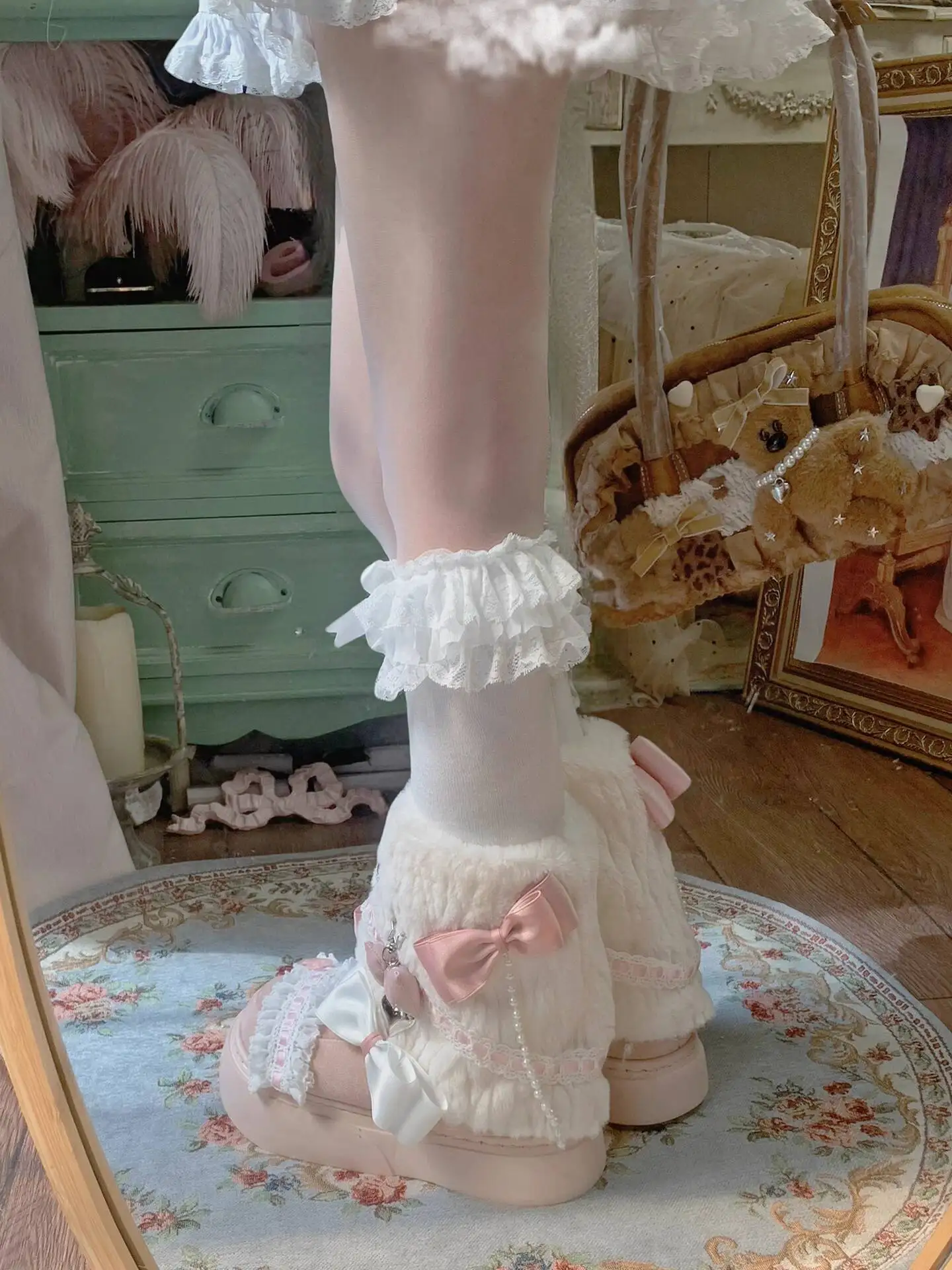 Immagine 5: Stivali Lolita giapponesi da donna Costumi Cosplay Scarpe Stivaletti da neve con fiocco carino Pelliccia di coniglio finta Stivaletti caldi invernali con suola spessa