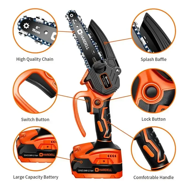 HARDELL 6 Inch Mini Cordless Chainsaw Handheld Portable Electric Chainsaw, Security Lock for Tree Trimming Wood Cutting