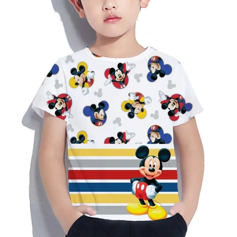 Disney-camiseta infantil casual de manga curta, tops mickey mouse, gola o solta, impressão 3D, roupas de criança, verão, 2024