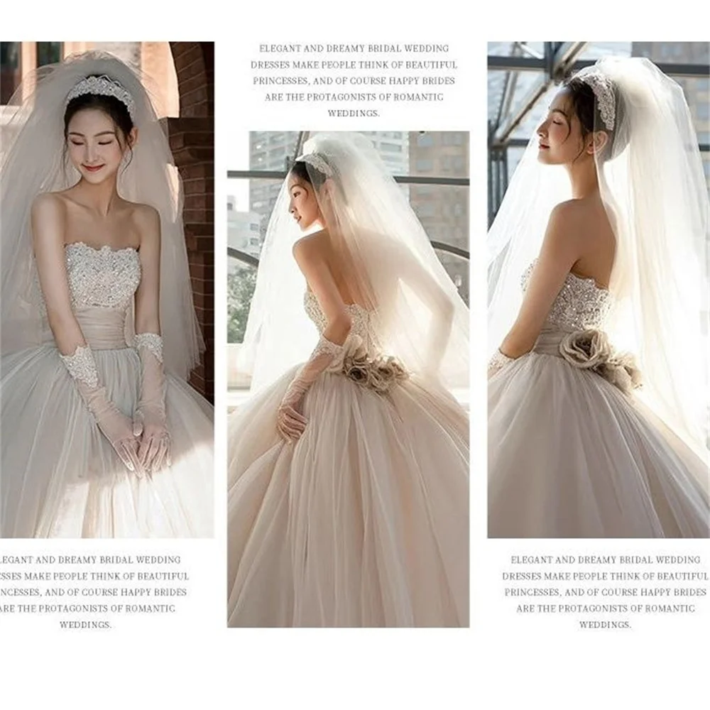 Classic Wedding Dresses A-Line Bridal Gowns Sequin Appliques Strapless Backless Robes For Party Vestidos Customized 073