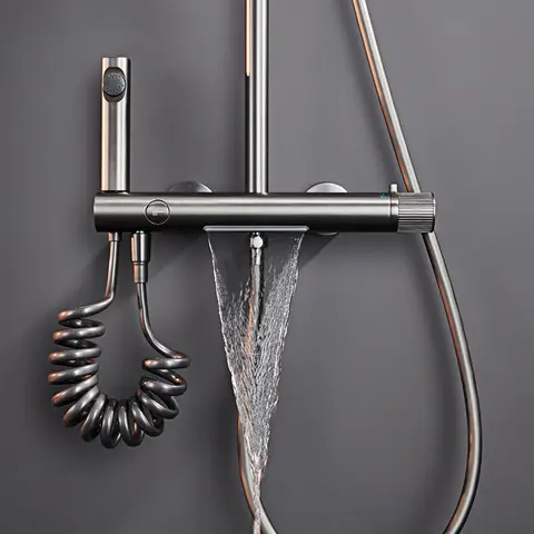 럭셔리 황동 건 그레이 샤워 시스템, 심플한 디자인, 차갑고 뜨거운 이중 제어 폭포 스타일 물 배출구 욕실 수도꼭지