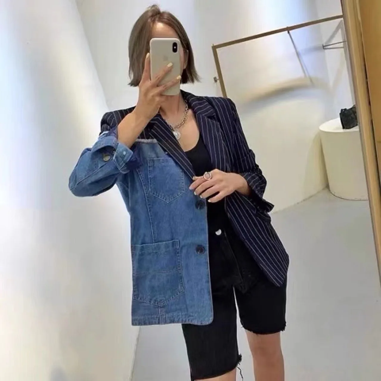 Superaen primavera e outono novo estilo coreano solto terno jaqueta denim retalhos para mulheres casacos de mangas compridas