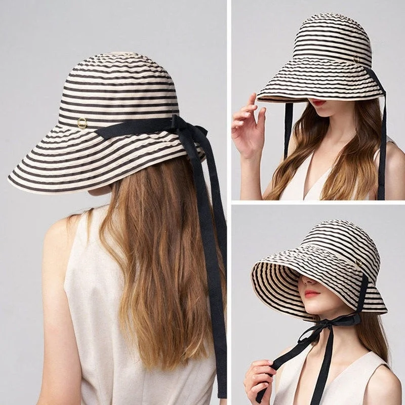 Lightweight Foldable Striped Wide-Brimmed Hat, Full-Face Sun Protection, with Windproof Strap to Prevent Blowing Off, Versatile Sun Hat Suitable for Daily Outings, Beach, Travel, Etc