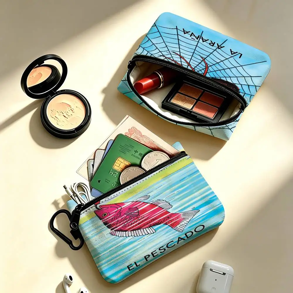 C-Cartoon-Mexican-Lottery-Tarot-Card-Classic Portable Oxford Fabric Mini Wallet Carabiner Design Small Coin Bag For Cards Keys