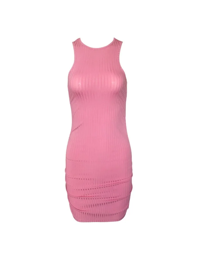 Sexy Stripes Thread Knitting Slim Bodycon Dress Women Sleeveless Solid Color Skinny Mini Dress Elegant Club Party Vestidos