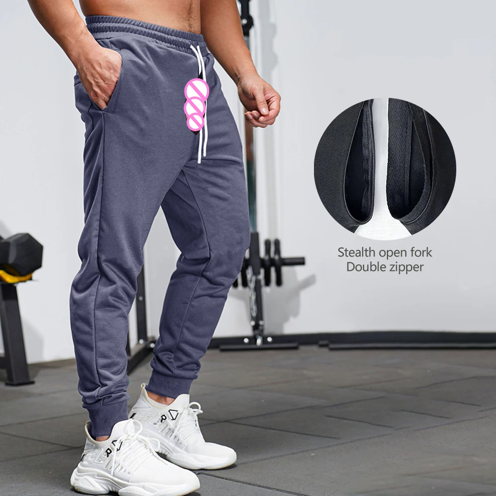 Outdoor Open Crotch Sex Pants, Streetwear Exotic Hotpants Men Fitness Joggers Trousers Track Basketball Sweatpants Couple Casual