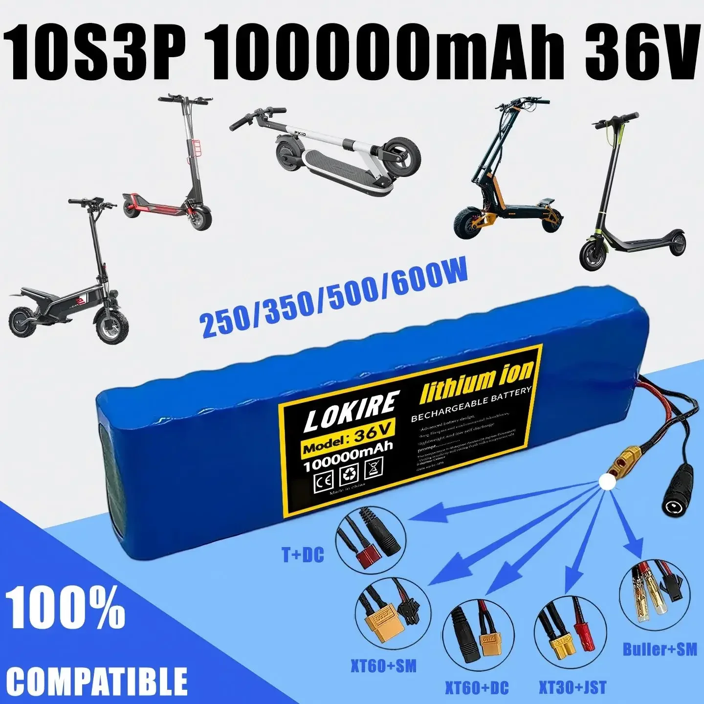 36 V 100 Ah 18650 wiederaufladbarer Lithium-Akku 10S3P 1000 W mit BMS für Fahrrad-Roller-Akku + Ladegerät