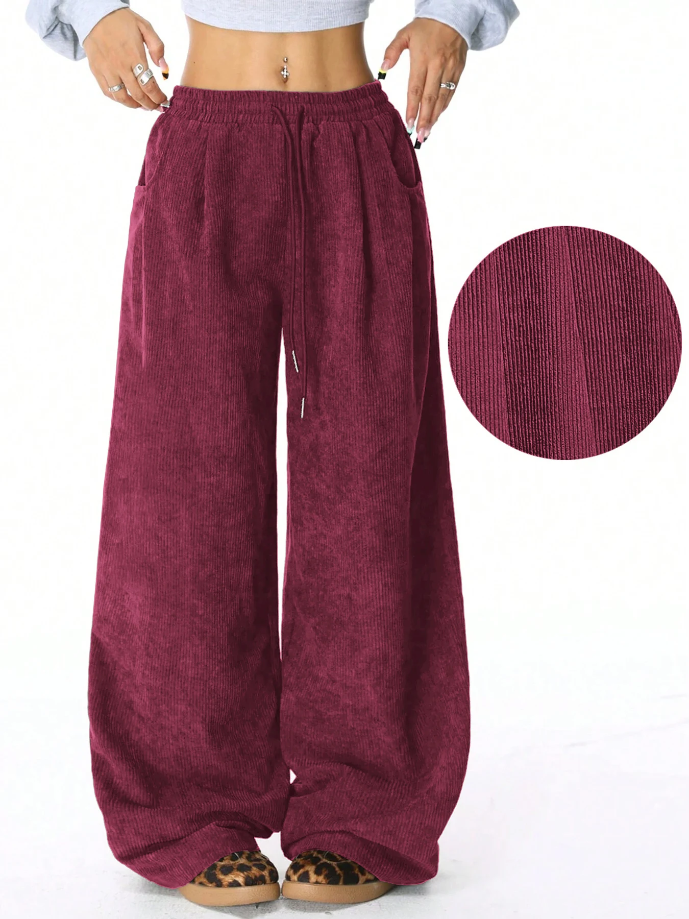 Damen Retro Cord Cargo-Hose Lässige Kordelzug Gerade Sporthose Fließende Alltags-Pendlerhose mit Weitem Bein – Detail 13