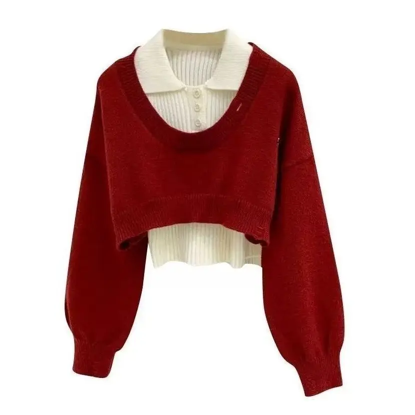 

Early Autumn 2025 Korean Sle Lazy Sle Ne Knitted Set Two Pieces Casual Loose Fit Long Sve ort Length Knitted Top