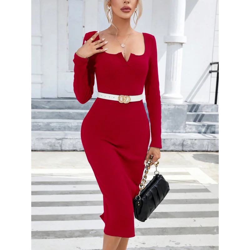 

YQ1-Square Neck Long Sleeve Back Slit Hem Elegant Bodycon Long Sleeve Dress
