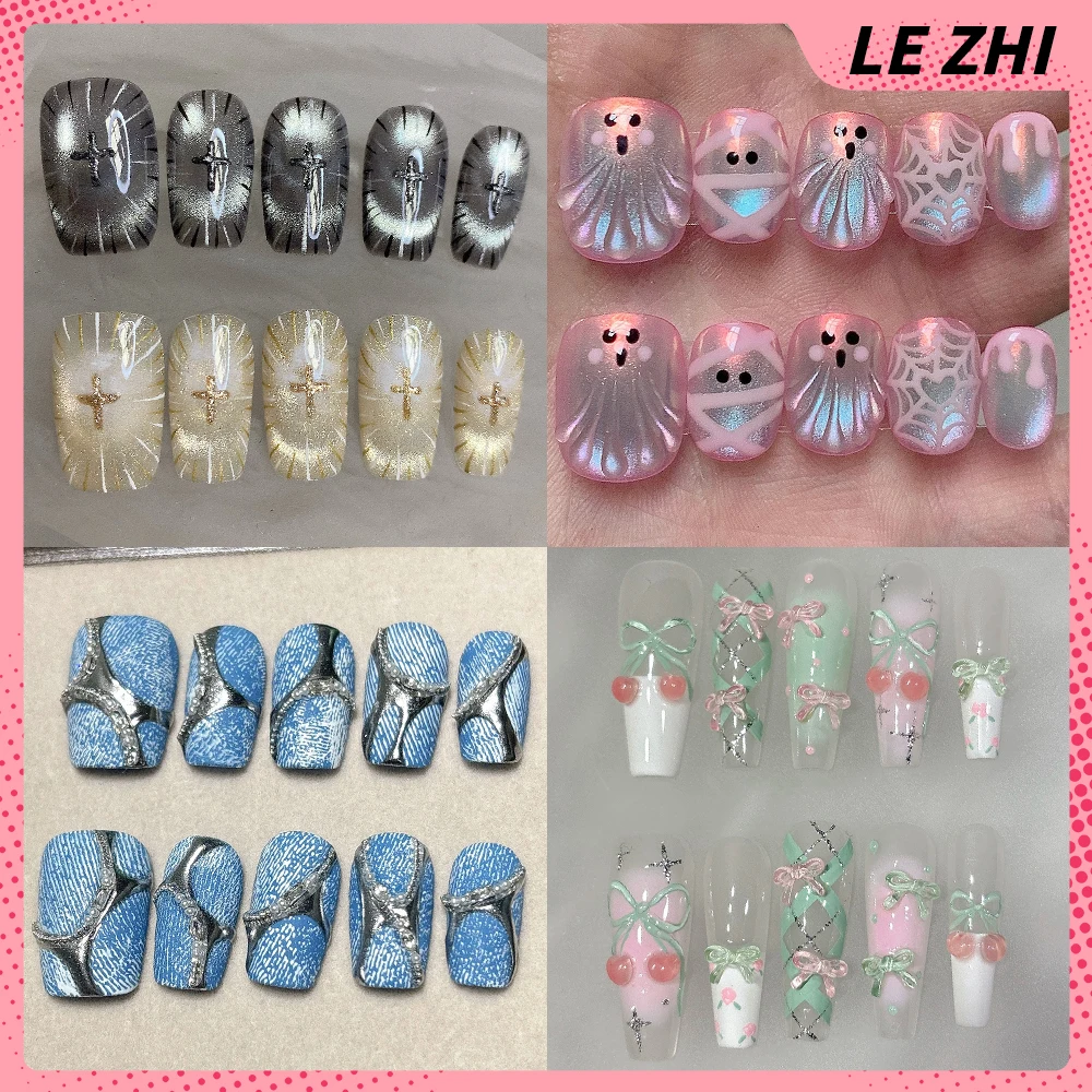

10Pcs Sweet Kawaii Handmade Short Square Round Reusable Press On Nails Flower Strawberry Pearl Bowknot Diamond False Nails