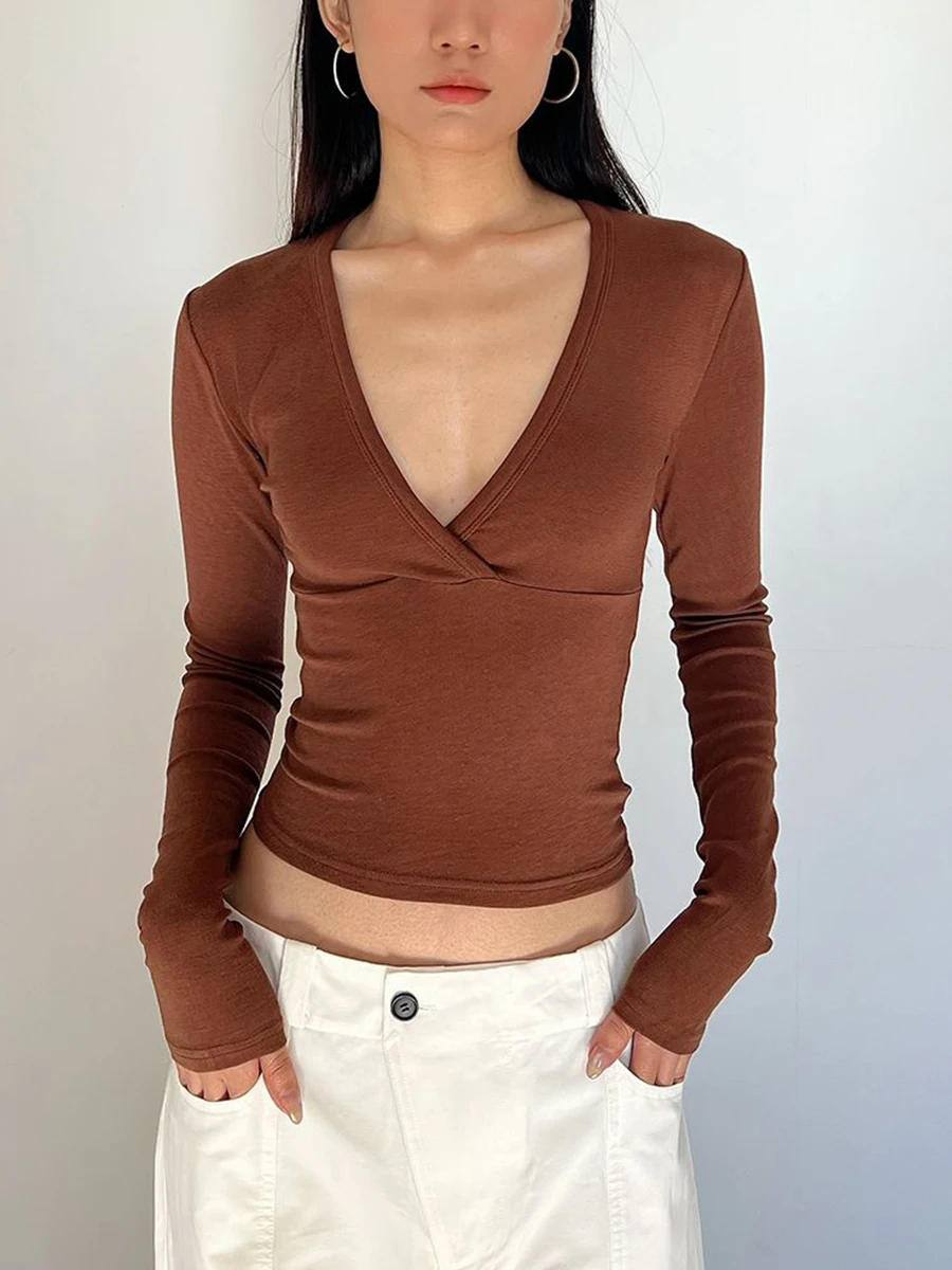 Kreuz V-ausschnitt Langarm T-shirts Frau Herbst Baumwolle Schlank Crop Top Weibliche Casual Einfache Feste Alle-spiel Grundlegende t-shirts Y2k Tops – Detail 7