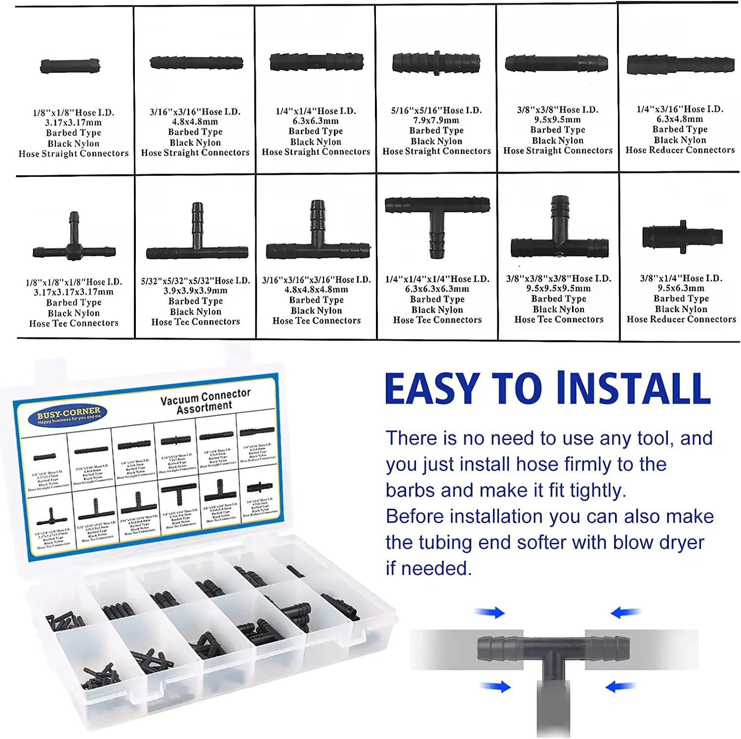 Vacuum Connector Sort, Automotive Vacuum Tube Connector Vacuum T-shirt Connector Sort Kit, black nylon