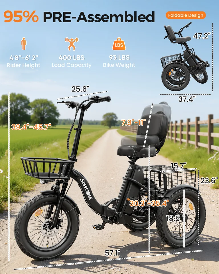 Spacewalk 1200W Peak Electric Trike for Adults, 48V 15Ah Battery 3 Wheel Electric Bike with 60 Miles Range, 18×3.0 Fat Tires, Dual Disc Brakes, Rear Cargo Basket, Adjustable Comfort Seat, Folding E Tricycle for Seniors-Black image 7