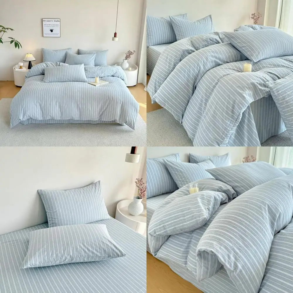 

Комплект постельного белья с синими полосами, размер Queen, 100% стираный хлопок, синий полосатый комплект постельного белья с наволочками в полоску — ультрамягкий