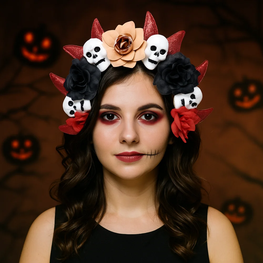 

Exaggerated Skull Head Headband Simulation Bat Colorful Halloween Hair Hoop Funny Halloween Decor Gothic Flower Hairband