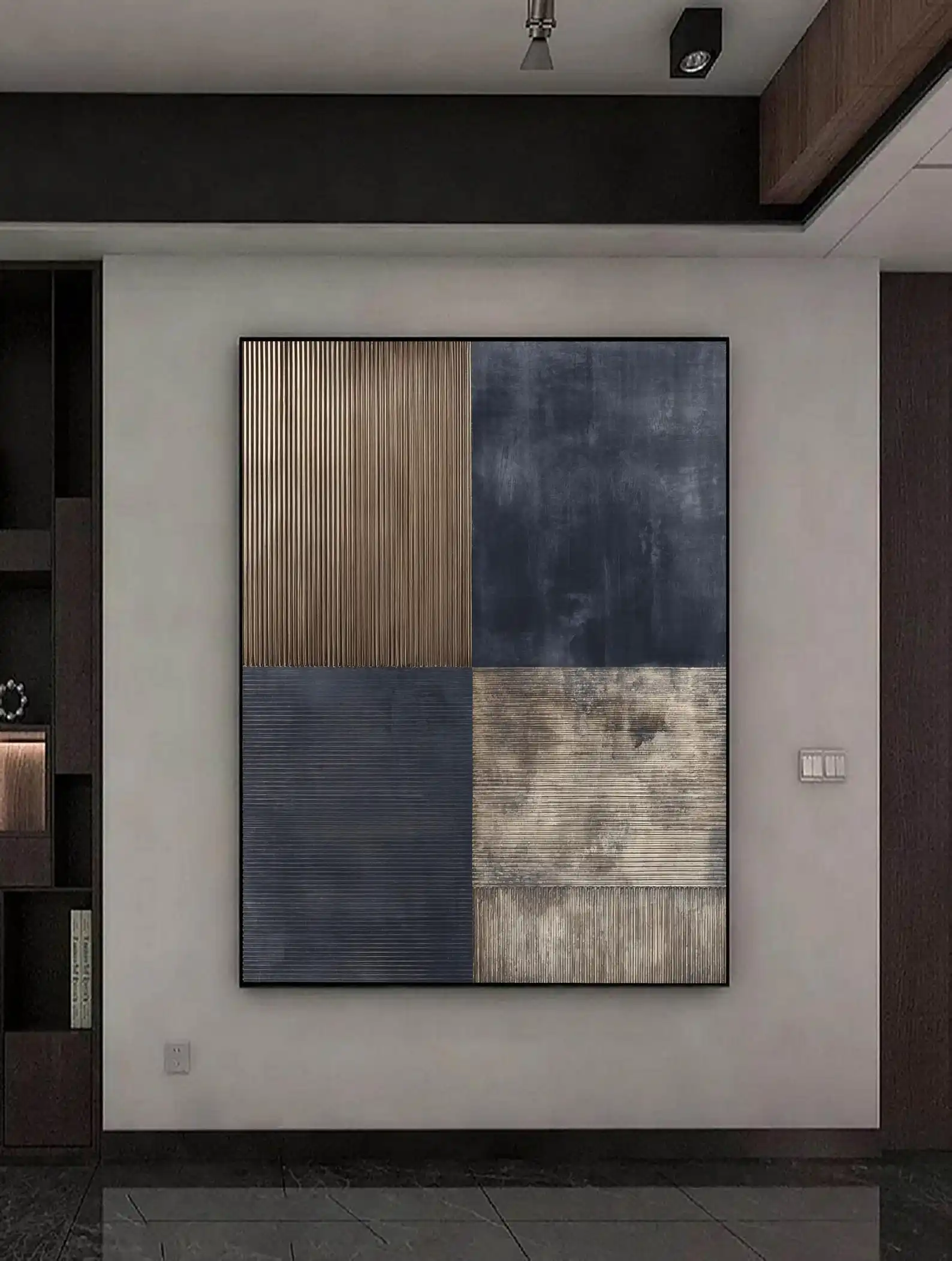 Mhemyo Geometric Abstract Hand Painted Oil Painting Dark Navy and Gold Texture Wall Art Neutral Toned Modern Art for Living Room