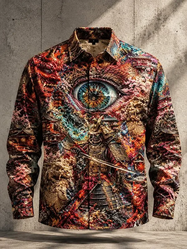 New Trendy Brand All Print Men's Long Sleeve Shirt Warrior Eye Ghost and Wind Retro Casual Top Clothing