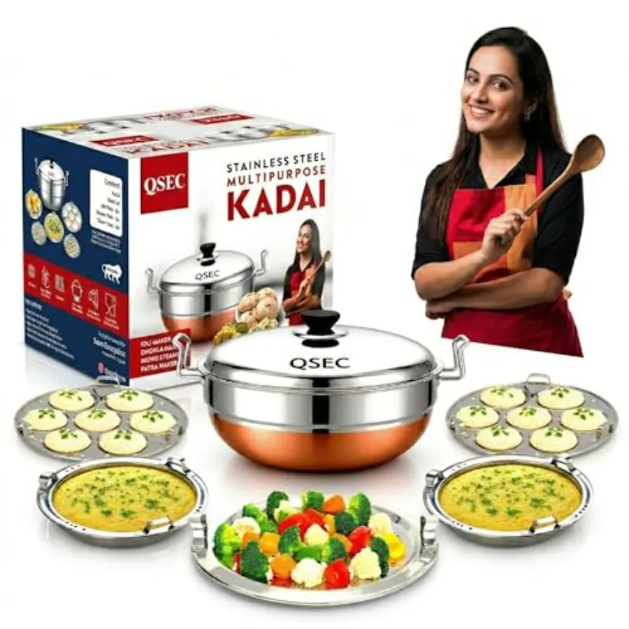 Stainless Steel Multi Kadai Idli Cooker with Copper Bottom - All-in-One Big Size Dhokla Cooker 2 Dhokla Momo Steamer - 285MM 10