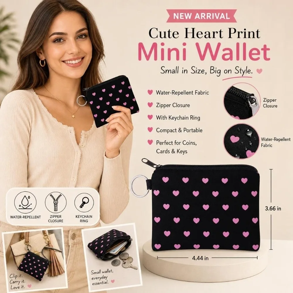 Love Heart Black Coin Purse Printed with Key Ring Zipper Makeup Bag Easy Access Zip Pouch Coin Key Card Holder Women Cosmetic