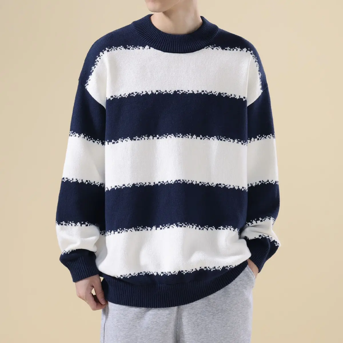 Sweater Rajut Pria Longgar Musim Gugur Musim Dingin Kerah Bulat Santai Thermal Motif Garis Kasual Nyaman Lembut Poliester