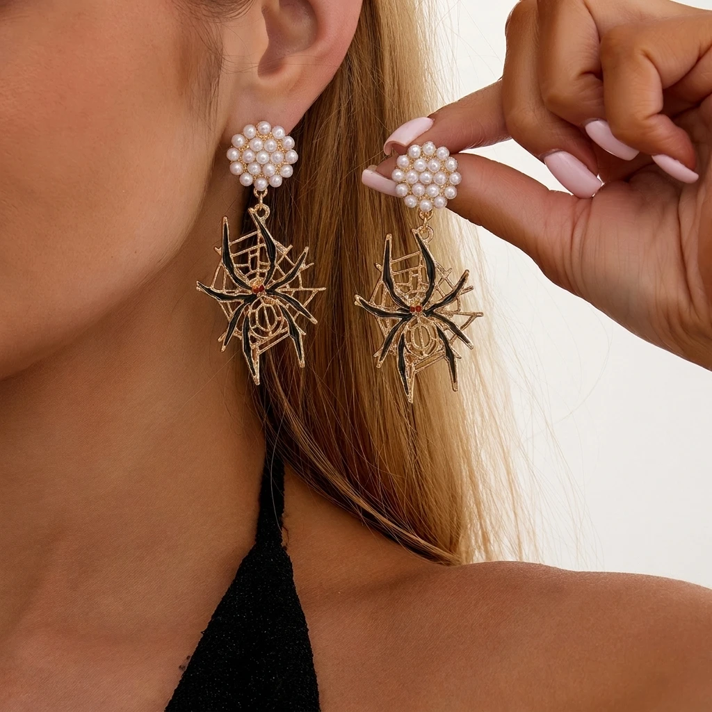 Halloween Übertriebene Spinnennetz-Ohrhänger für Damen Elegante Imitationsperlen BOO Lange Quasten-Ohrringe Party-Feiertagsschmuck – Detail 1