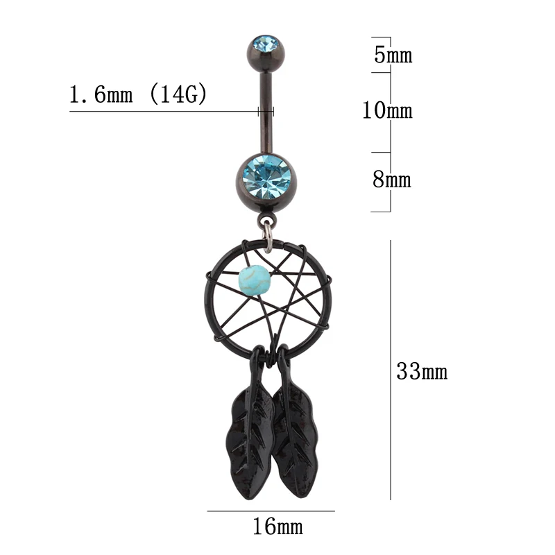 Beautiful black Dream catcher Navel ring fashion body piercing jewelry belly bar 14G 316L surgical steel bar Nickel-free