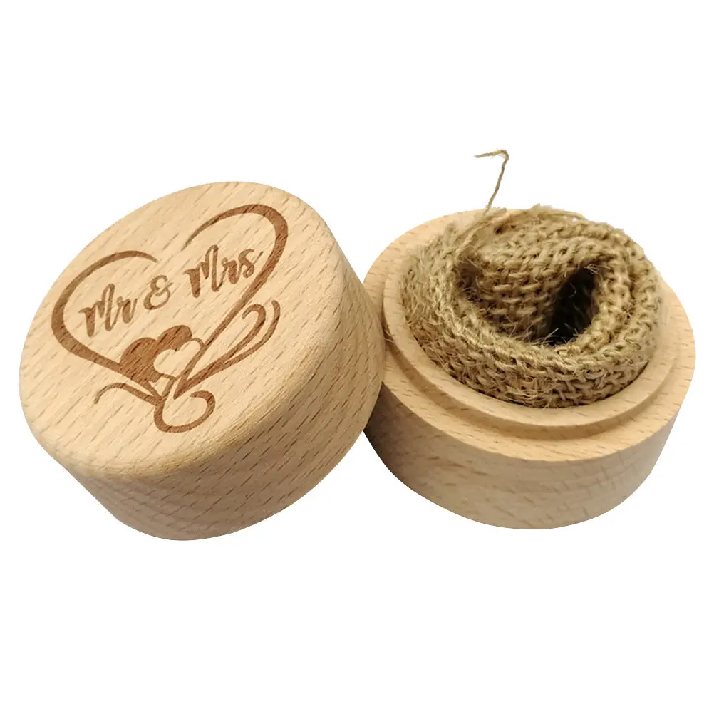 

Vintage Wooden Round Ring Box for Wedding Engagement Proposal Rustic Ceremony Romantic Mr Mrs Letter Design Lightweight Compact