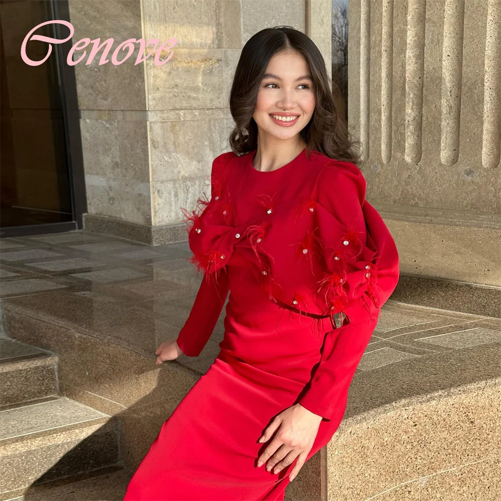 Cenove 2024 Arab Dubai O Neckline Prom Dress Tea-Length With Long SLeeves Evening Fashion Elegant Party Dress For Women