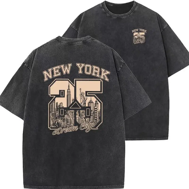 

New York City T-shirt, Vintage Washed Oversized Tee, Retro Dream City 25 Graphic Tops, Men's Streetwear Travel Outfits