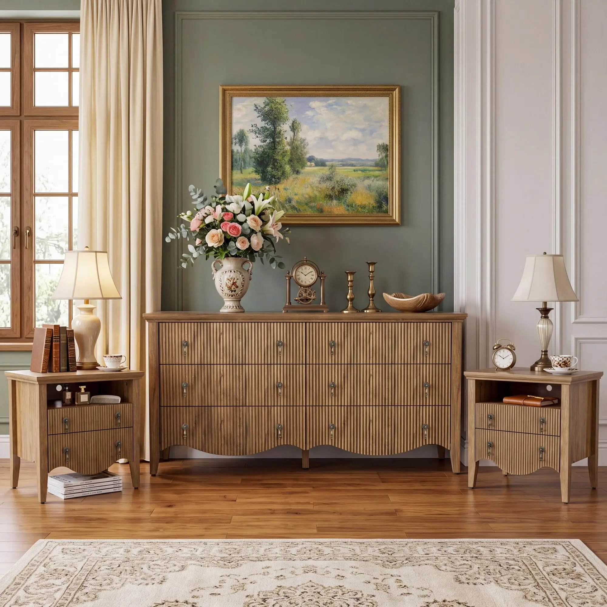 3-Piece Farmhouse Bedroom Set,6-Drawer Dresser,2 Nightstands,Maple Oak