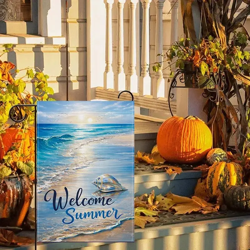 Hello Summer Garden Flag 12x18 Inch, Beach Ocean Seashell Garden Flag, Coastal Summer Outdoor Decorative Yard Flag for Lawn jjp