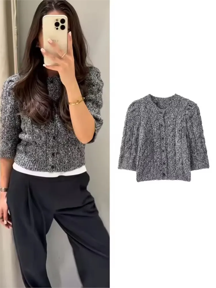 

Spring Autumn Women Cardigan with Puff Sleeves O Neck Button Simple Women's Knit Ribbed Trims Sweater Female Chic Elastic Tops