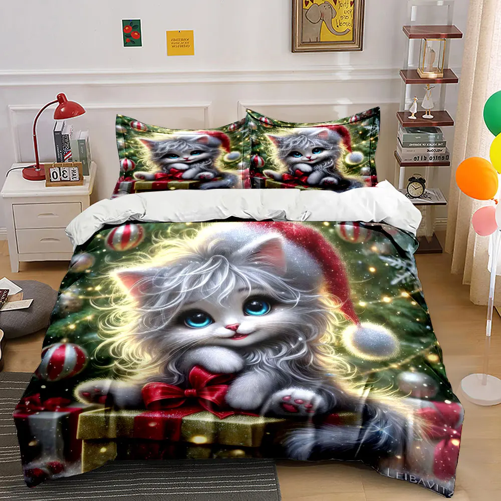 A cute kitten in a Santa hat sits on a gift box. Print Duvet Cover Bedding Set Included 1*Duvet Cover 2*Pillowcases