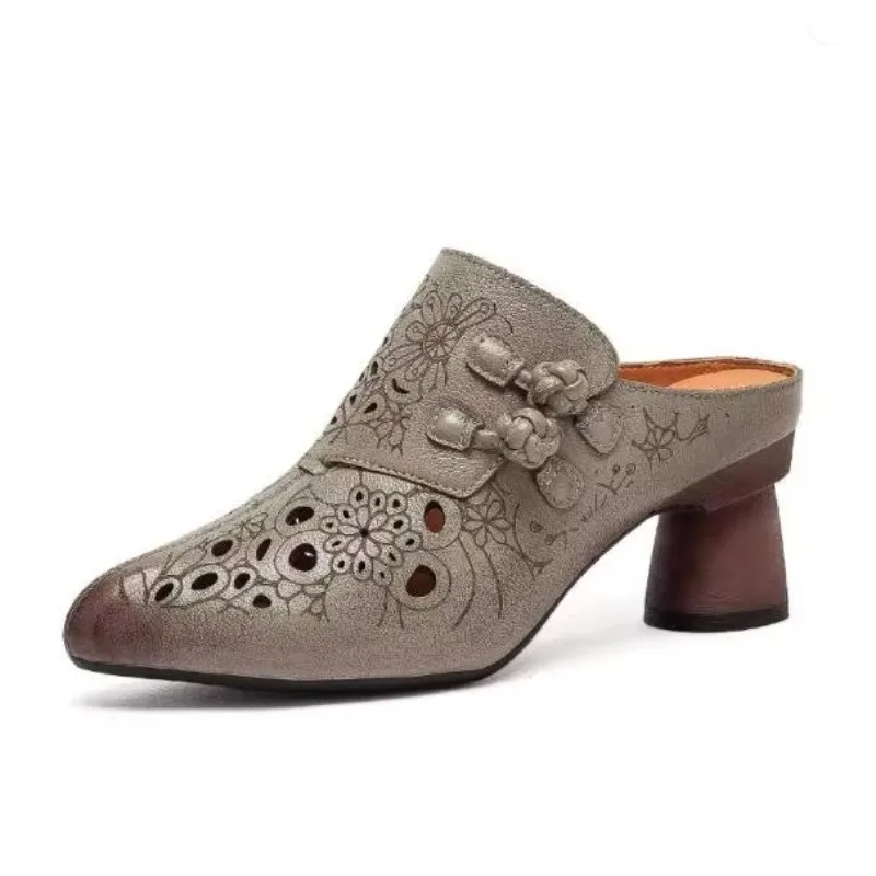 6cm Cow Genuine Leather Women Point Toe Summer Fashion Elthnic Chunky Heels Summer Pumps Sliipers Hollow Shoes Slip On