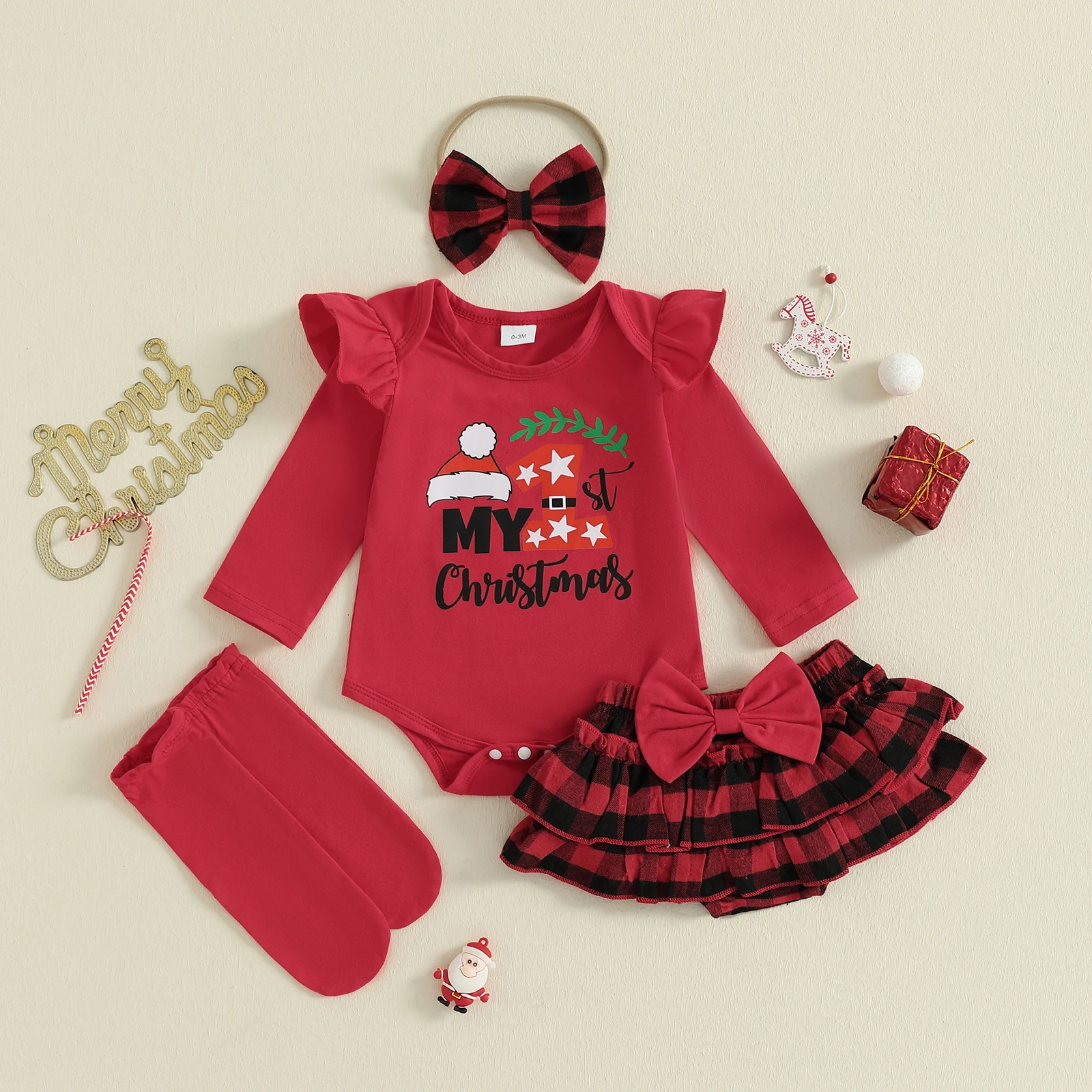 

VISgogo Baby Girls Christmas Outfit Long Sleeve Romper + Plaid Shorts + Headband + Long Socks Set Infant Clothes