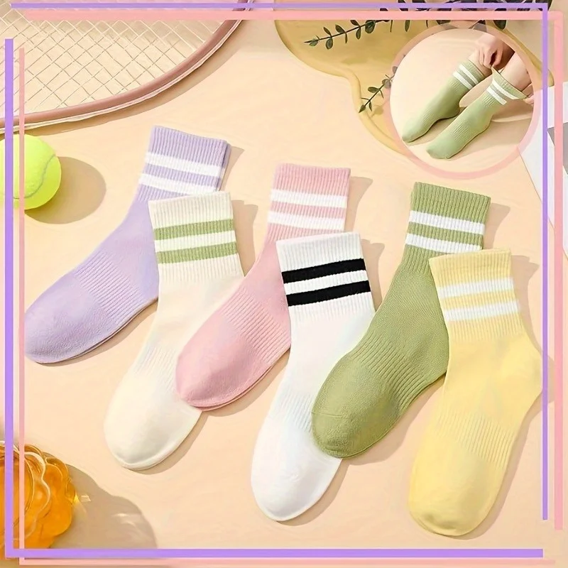 

6 Pairs Socks Women Tennis Socks Colorful Sports Socks Retro Cotton Socks with Stripes Motif Running Socks Womenq Socks for Ten