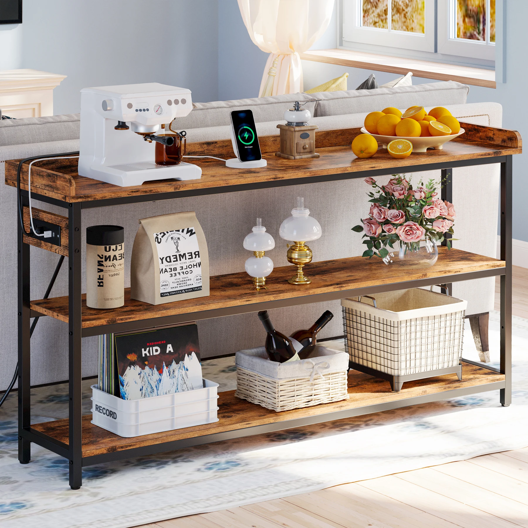 

55" Console Table with Power Outlet, TV Stand for Living Room, Height Adjustable, Easy Assembly, Rustic Brown