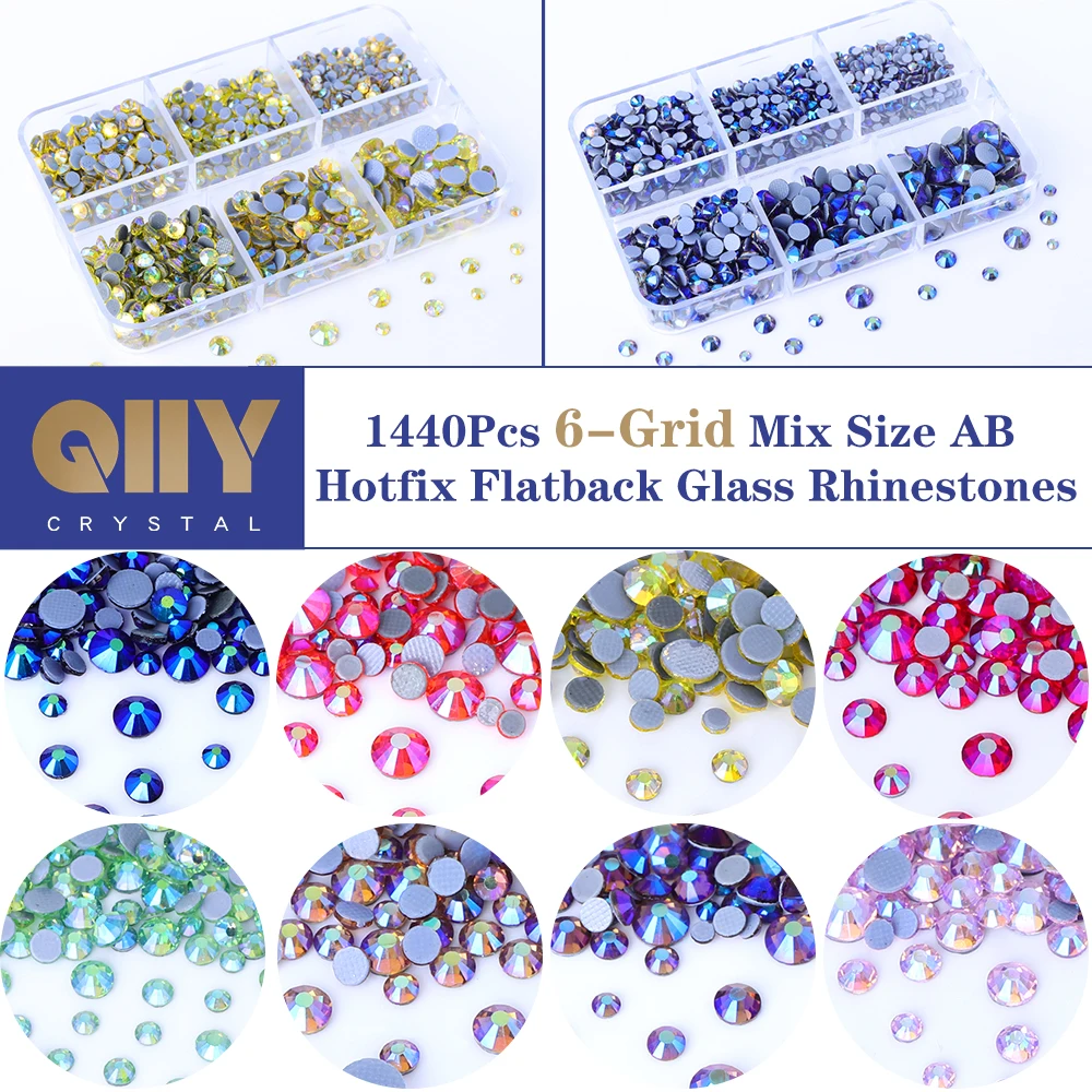 QIIY Crystal AB Flatback Hotfix Mix Size 6 Grids Boxed Various Color SS6-SS30 Glass Rhinestones For Nail Art Clothes Decoration