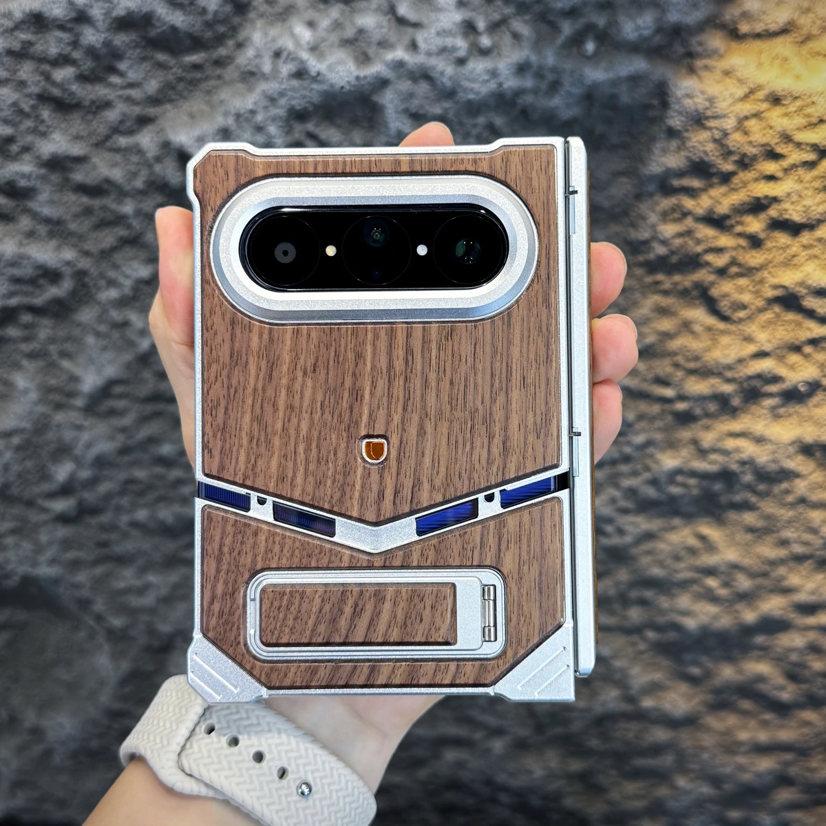 

Aluminum Alloy Frame+Walnut Wood Case for Huawei Pura X Max Frameless Dual Hinge Protection Invisible Stand Metal Cover