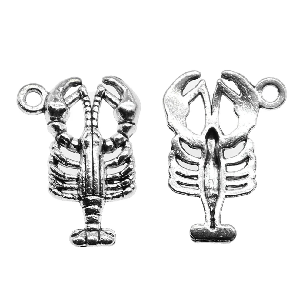 20pcs/lot 21x15mm Shrimp Charms For Jewelry Making Antique Silver Color 0.83x0.59inch