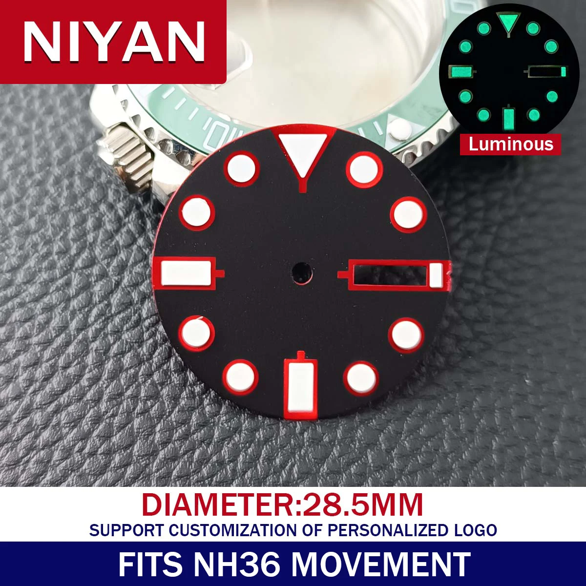 28.5MM Diameter Watch Dial Green Luminous Dial for NH35/36  Watch Movement Accessories Watch Parts For Wristwatches