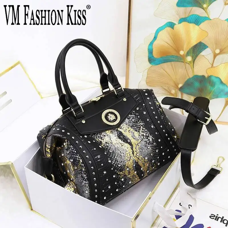 

New Arrival Snake Pattern Boston Women's Bag Motorcycle Style Rivet Diamond Large Capacity Top Handbag Can Cross-body Shoulder