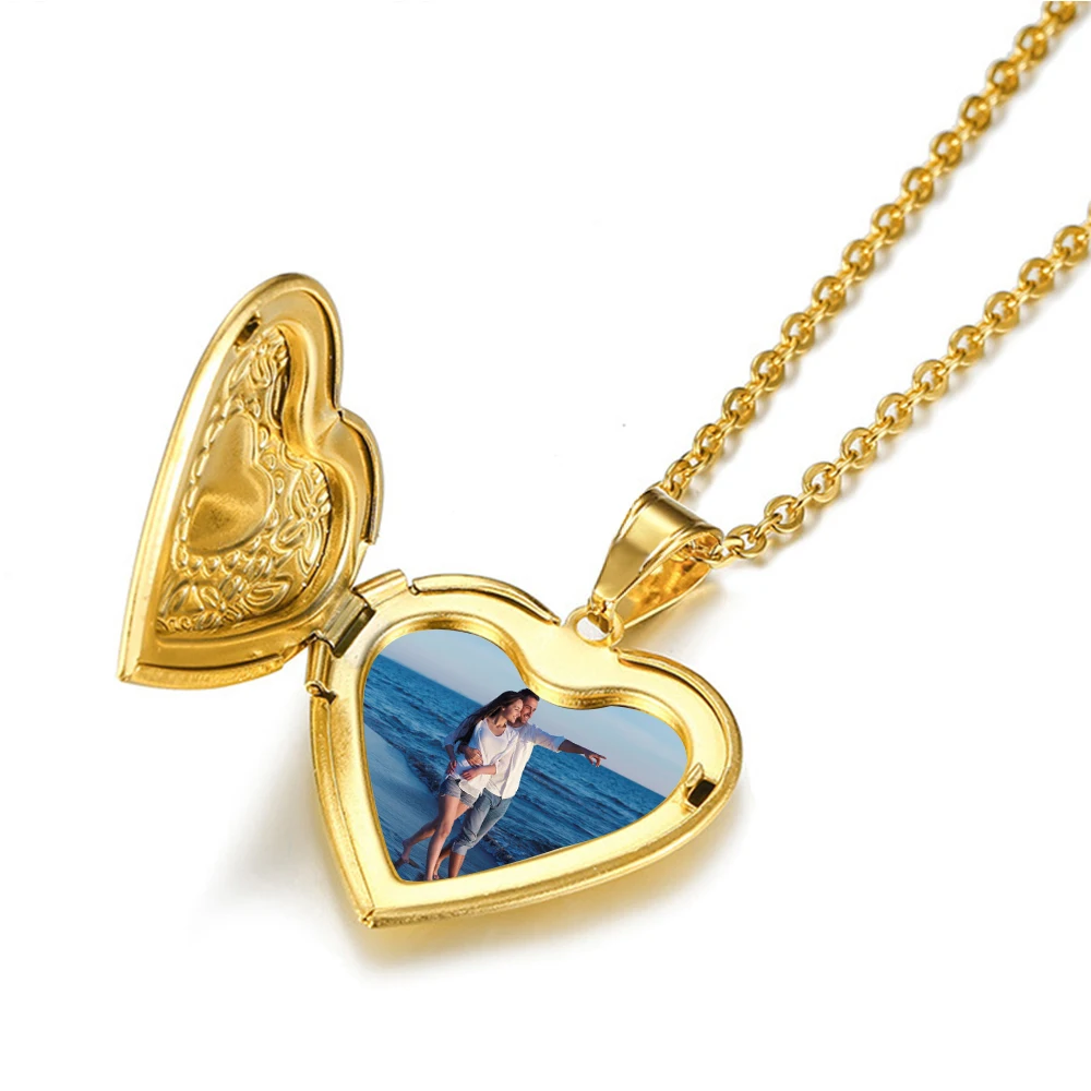 Romantic Heart Locket Pendant Female Gold Color Stainless Steel Openable Photo Frame Necklace for Women Jewelry Valentine\'s Gift