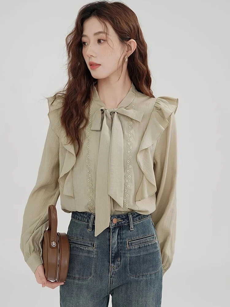 Retro Ruffles Women Shirt Autumn French Elegant Bow Button Long Sleeve Blouse Sweet Vintage Lace Up Gentle Temperament New Tops