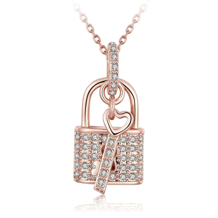 Key Shape Charm Cubic Zirconia Pendant Copper Necklace for Women Clavicle Chain Jewelry Accessories Gift